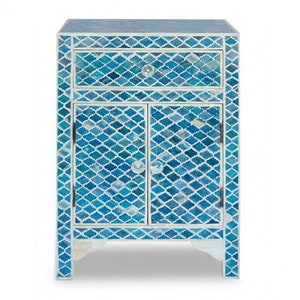 Handmade Bone Inlay Bedside Table – Floral Pattern Nightstand with Drawer | Indian Accent Furniture | Bedroom Side Table