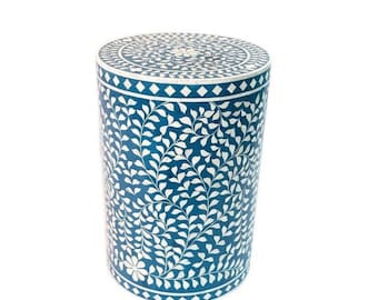 Bone Inlay Side Table – Handmade Floral Inlay End Table | Boho Accent Table for Bedroom or Living Room