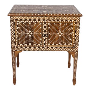 Teak wood Handmade Bone Inlay Bedside Table – Floral Pattern Nightstand with Drawer | Indian Accent Furniture | Bedroom Side Table