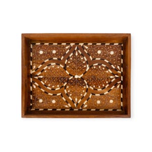 Teak wood Bone Inlay Decorative Tray – Handmade Floral Inlay Serving Tray | Boho Home Decor | Indian Craft
