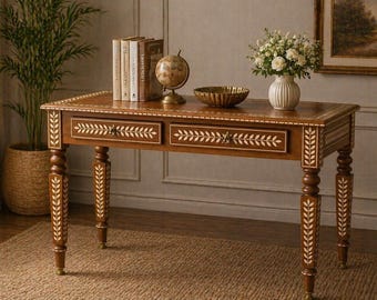 Handmade teak wood bone Inlay Console Table, pink White stripe Entryway Table, Luxury Hallway Table, Indian Art Furniture, Narrow Console