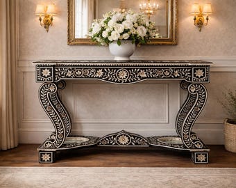 Handmade bone Inlay Console Table, pink White stripe Entryway Table, Luxury Hallway Table, Indian Art Furniture, Narrow Console