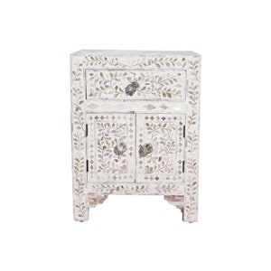 Handmade mother of pearl/Bone Inlay Bedside Table – Floral Pattern Nightstand with Drawer | Indian Accent Furniture | Bedroom Side Table