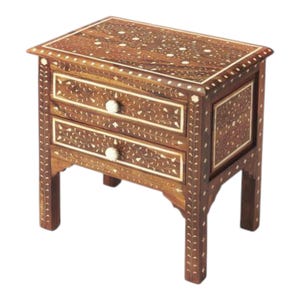 Teak wood Handmade Bone Inlay Bedside Table – Floral Pattern Nightstand with Drawer | Indian Accent Furniture | Bedroom Side Table