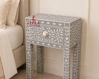 Bone Inlay bedside Table – Handmade Floral Inlay End Table | Boho Accent Table for Bedroom or Living Room