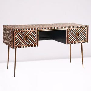 Handmade Bone Inlay Console Table – Floral White Entryway Table | Inlay Furniture for Hallway or Living Room