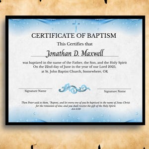 Certificado de Batismo Editável e Imprimível para Download no Canva, Lembrança de Batismo, Presente de Batismo, Certificado "Deixei na Água"