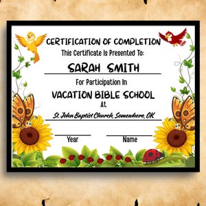 Plantilla de certificación de finalización de la Escuela Bíblica de Vacaciones (EBV), certificado de participación descargable, ministerio infantil editable