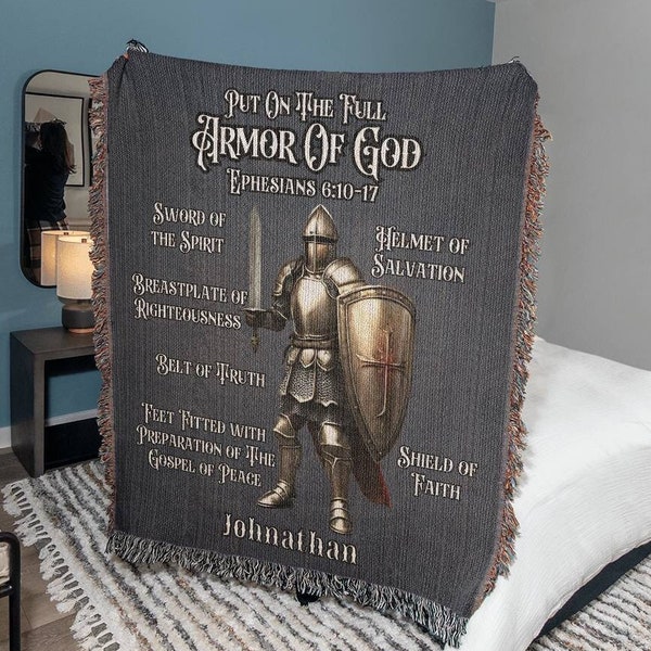 Personalized Armor of God Blanket With Bible Verse Christian Gift For Youth or Adult, Custom Woven Blanket For Birthday or Father's Day Gift