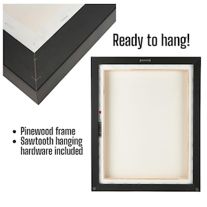 Op de afbeelding: Een zwart ingelijst canvasprint met een witte achtergrond. De lijst is gemaakt van grenenhout en heeft een zaagtandhanger aan de achterkant. De tekst "Ready to hang!" is op de afbeelding gedrukt.