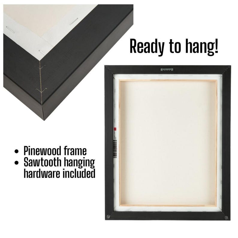 Op de afbeelding: Een zwart ingelijst canvasprint met een witte achtergrond. De lijst is gemaakt van grenenhout en heeft een zaagtandhanger aan de achterkant. De tekst "Ready to hang!" is op de afbeelding gedrukt.
