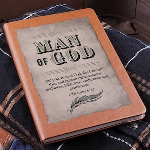 Man of God Leather Journal, Christian Gift For Men Bible Verse Prayer Journal, Unique Pastor Appreciation Notebook Fathers Day Vegan Leather