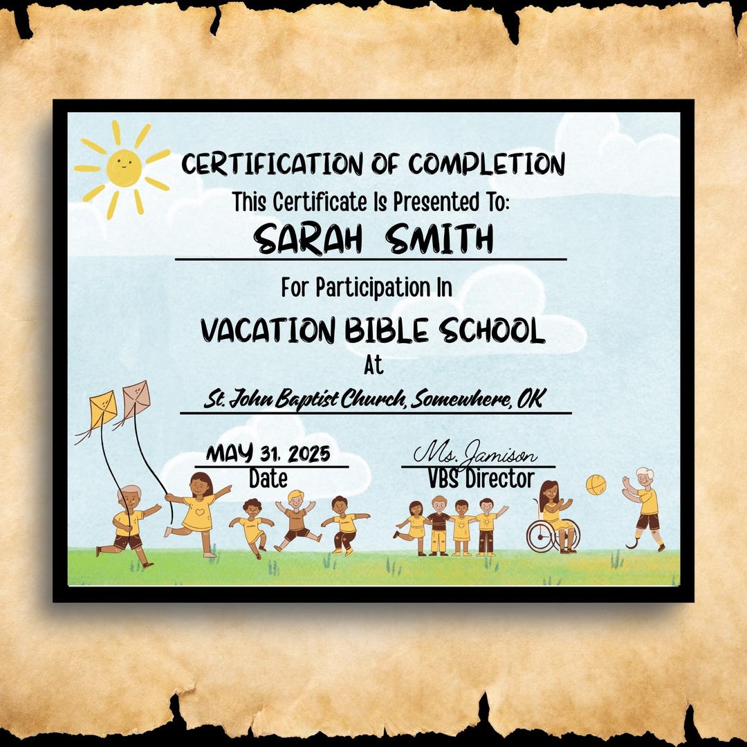 VBS Certification of Completion Printable Template for Vacation Bible ...