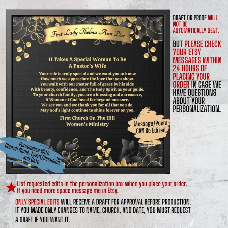 Custom Pastor's Wife Gift Plaque For Appreciation or Anniversary Framed Canvas Wrap, Thank You Poem From Church Wall Hanging - Special Woman afbeelding 3