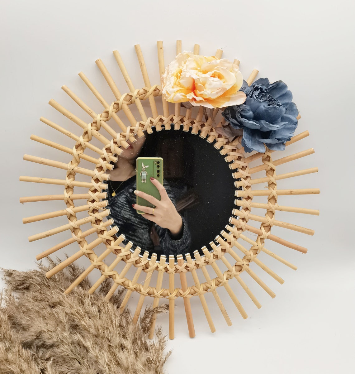 15.7 Natural Rattan Mirror Flower Rattan Mirrormirror Wall Etsy