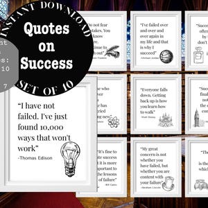 May include: A set of 10 framed prints with inspirational quotes about success. Each white-framed print features a different quote in black text. The prints are displayed against a backdrop of a library with bookshelves.
