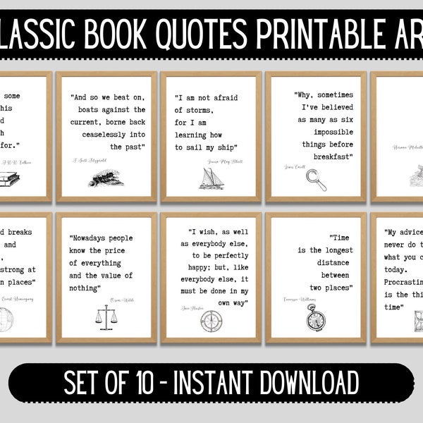 Classic Book Quotes Printable Art | Literature Quotes Art | Famous Author Books Art |  Printable Wall Art | Modern Office Decor | set of 10