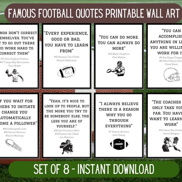 Football Quotes Printable Art | Professional Quarterback Quotes | Inspirational Sports Quotes | Motivational Football Posters | PDF Set of 8