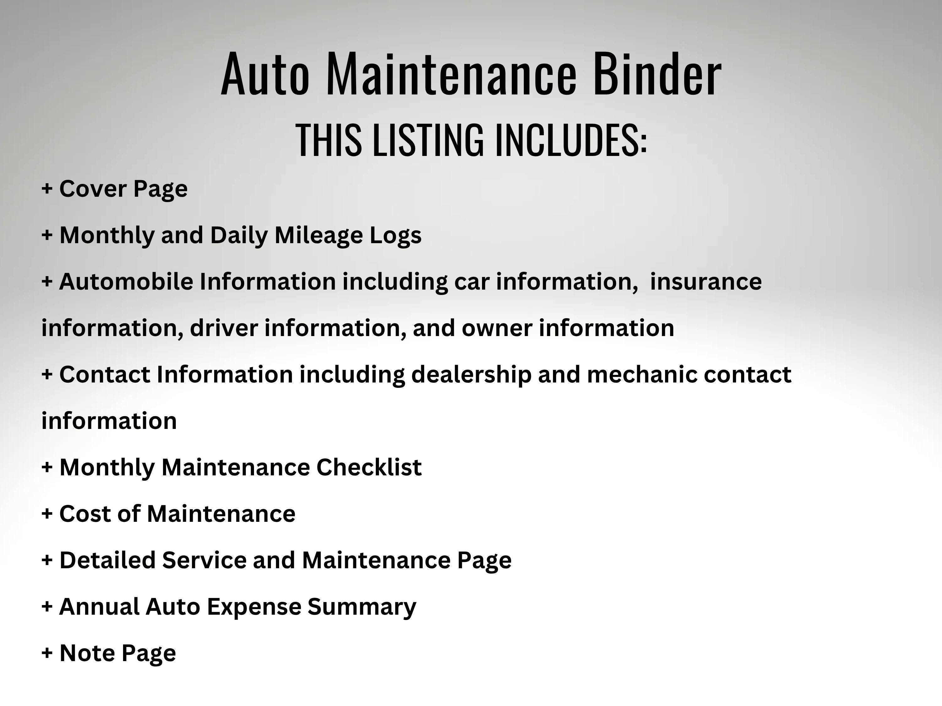 Vehicle Maintenance Binder: Car Service Tracker, Mileage Log (PDF) - Etsy