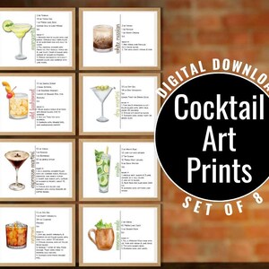 Wydrukowana sztuka koktajlowa, wystrój wózka barowego, ilustracje napojów, sztuka przepisów na koktajle, cyfrowa sztuka barowa, wydrukowane przepisy na drinki, pliki PDF z koktajlami