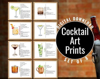 Printable Cocktail Art, Bar Cart Decor, Drink Illustrations, Cocktail Recipes Art, Digital Bar Art, Drink Recipes Printables, Cocktails PDF