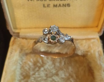 Bague Ancienne Toi & Moi /De Promesse, Fiançailles, En Or Jaune Et Blanc 750 (18K) Sertie De Diamants Et D'une Tourmaline Verte