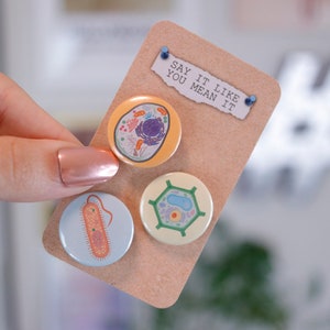 May include: Four round buttons with illustrations of cells and the text "Say it like you mean it" on a brown card.