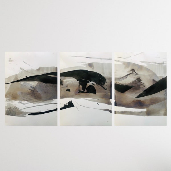 TRIPTYQUE | Ensemble original de trois peintures à l'encre abstraites, coups de pinceau fluides, noir et blanc, ensemble d'art mural minimaliste Japandi, bureau de la galerie