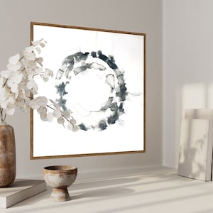 MOON | Original Hand Painting Circle Ink Water Art Zen Sumi Artwork Black White Minimal Minimalist Fluid Wall Decor Hanging Japandi Scandi