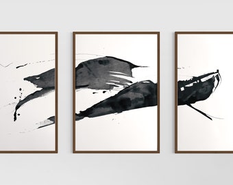 INK |Minimalist Triptych Original Japandi Art Meditation Print Set of three Large Painting Chinese Scandi Zen Black White Wall Gallery