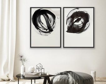 DIPTYCH | Original Minimalist Set of two piece Japandi Zen Print Art Abstract Circle Painting Wall Gallery Ink Black White Modern Office