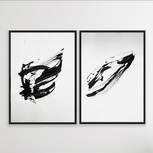 DUO |Original Minimalist Prints Japandi Diptych Set of two piece Abstract Brush Painting Wall Gallery Ink Black White Modern Large Art Decor
