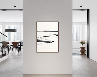 May include: A rectangular wall art piece featuring an abstract black and white landscape illustration. The artwork is enclosed in a thin, dark brown wooden frame and is displayed centered on a solid light gray wall within a bright interior space.