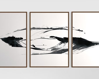 INK |Minimalist Triptych Original Japandi Art Wabi Sabi set of three Large Painting Chinese Zen Black White Brush Meditation Office Living