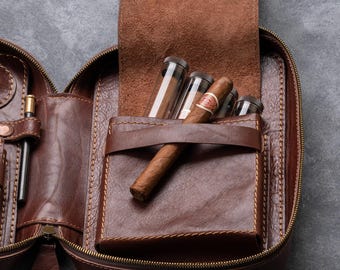 Luxury leather travel cigar case, personalized holder for men, cigar humidor