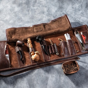 Leather travel pipe roll for pipe accessories – personalized with your name, initials, or logo – custom pipe holder – Christmas gifts