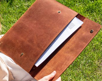 Leather document holder, portfolio organizer, laptop sleeve case, document envelope