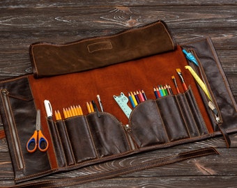 Leather Artist Roll - Personalized Pencil Roll Case, Brush Roll Up, Artist Tool Roll, Leather Pencil Roll, Paint Brush Holder, Paint Roll