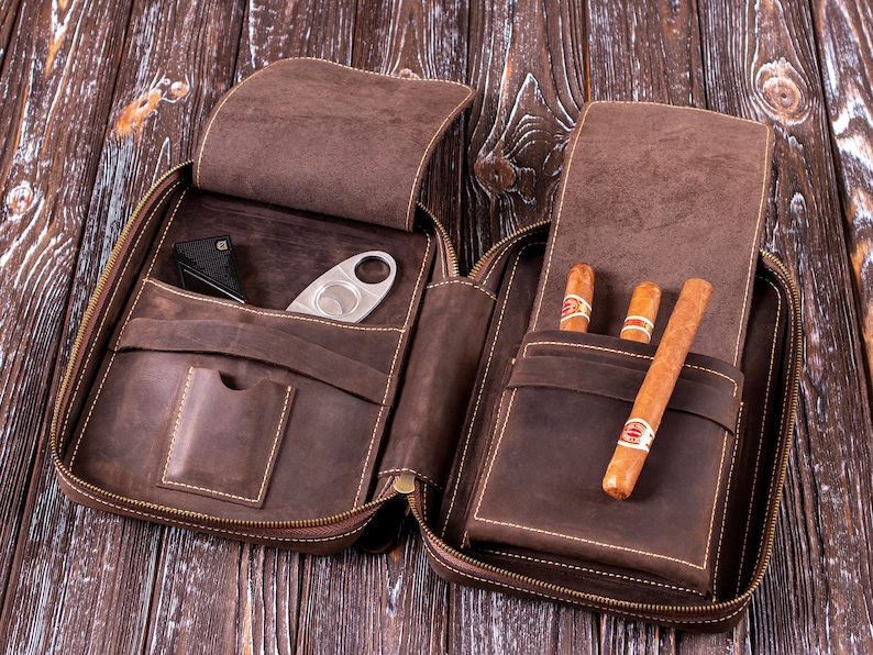 Cigars Case, Leather Cigar Accessories, Cigar Holder, Travel Cigar Box,Groomsmen Gifts,Valentines Gifts for him,Smoker Kit,Cigar Lover's Bag image 4