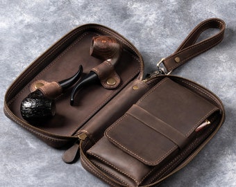 Personalized Leather Pipe Case, Pipe Holder, Christmas Gift Ideas for Pipe Smokers, Leather Pipe Case, Travel Leather Pipe Tobacco Pouch