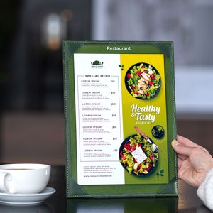Menu ze skóry na zamówienie + logo, artykuły restauracyjne, A5/A4, spersonalizowana okładka menu restauracji, teczka menu restauracji Cafe-bar - wykonane na zamówienie