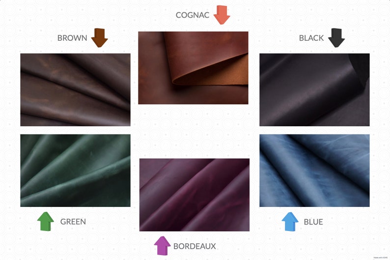May include: Leather swatches in various colors, including brown, cognac, black, green, bordeaux, and blue. The swatches are arranged in a grid pattern.