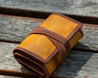 Pipe en cuir et pochette à tabac, porte-pipe personnalisé, étui pour ensemble de fumeurs de pipe, rouleau de pipe en cuir, étui à pipe en cuir, cadeaux de Noël