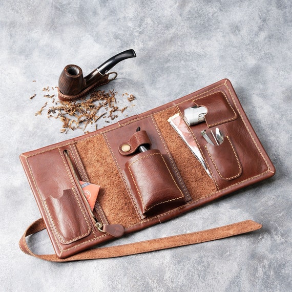 tobacco pipe travel case Brown Pipe Pouch - Leather Pipe Holder, Travel Leather Pipe Tobacco Pouch,  Christmas Gift for Tobacco Smokers