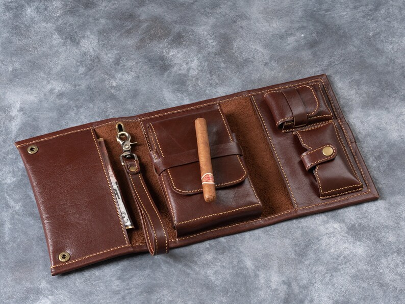 Cigar Case, Leather Cigar Pouch, Handmade Cigar Roll with Handle, Cigar Bag For Traveling, First Anniversary Gift Gift For Him image 6