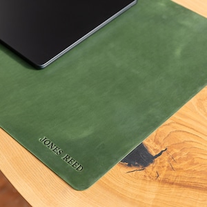 personalized leather desk mat, large desk pad, birthday gifts for husband, desk blotter, green leather mousepad, leather desktop mat