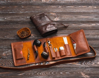 leather case for pipe smokers set, personalized pipe holder, anniversary gifts, pipe pouch travel tobacco pipe bags, pipe accessories pouch