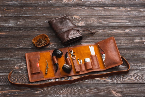 leather case for pipe smokers set, personalized pipe holder, anniversary gifts, pipe pouch travel tobacco pipe bags, pipe accessories pouch