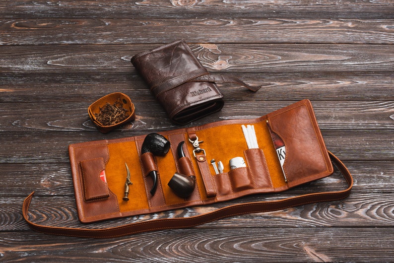 leather case for pipe smokers set, personalized pipe holder, anniversary gifts, pipe pouch travel tobacco pipe bags, pipe accessories pouch image 1