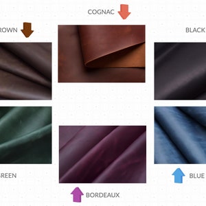 Puede incluir: Una paleta de colores que muestra muestras de cuero en varios tonos. Los colores incluyen marr&oacute;n, co&ntilde;ac, negro, verde, burdeos y azul. Cada muestra est&aacute; etiquetada con su nombre de color correspondiente.